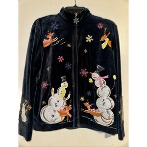 Onque Casuals Snowmen Black Velour Christmas Top Small Embellished Artsy Button